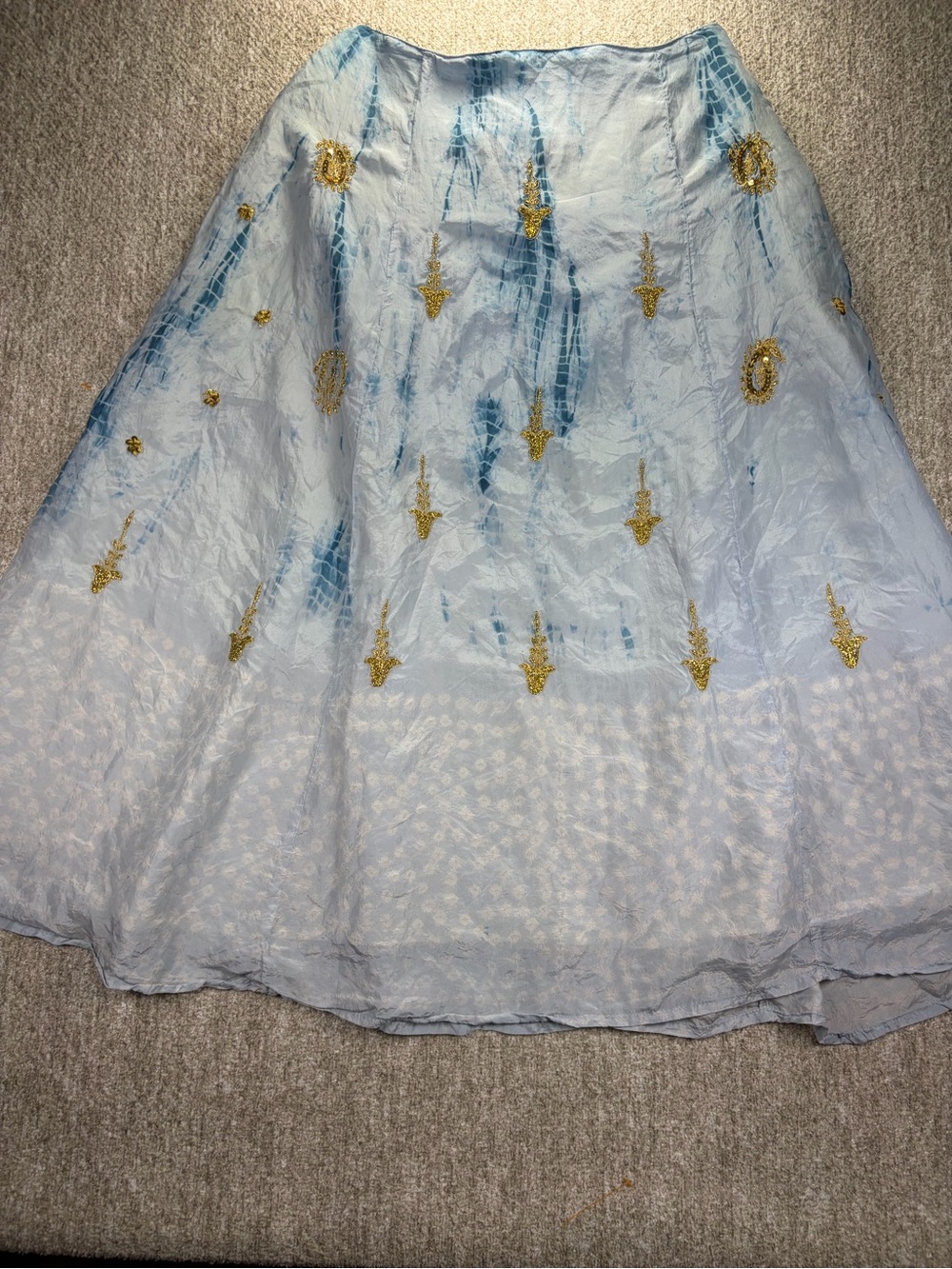 Soft Surroundings Y2K Silk Tie Dye Maxi Skirt Gold Embroidered Sequin Boho